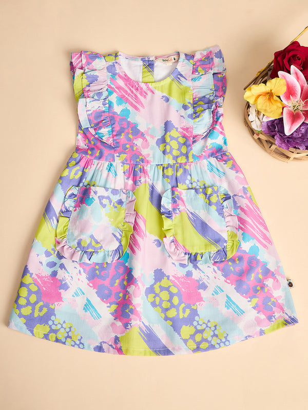 Girls Knee Length All over Print Dress - Multi