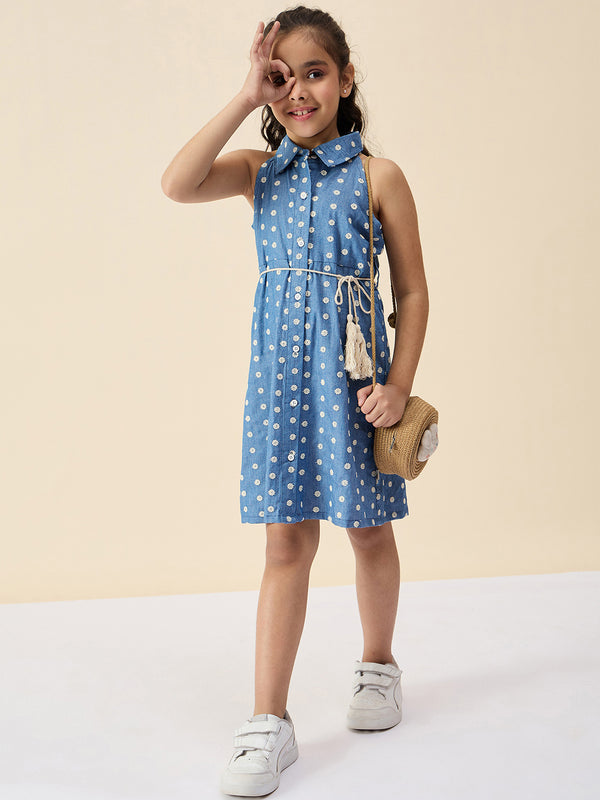 Girls Knee Length Embroidery Dress - Blue