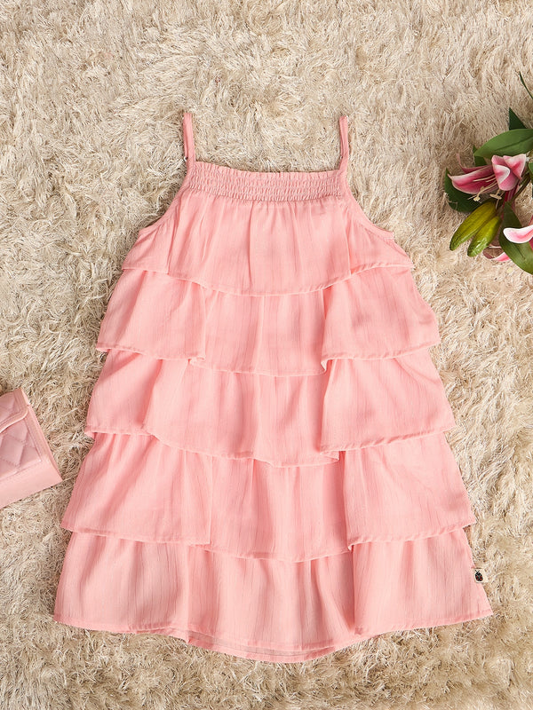 Girls Knee Length Solid Dress - Peach