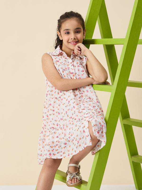 Girls Knee Length All over Print Dress - Off-White