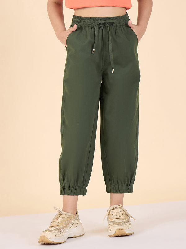 Girls Ankle Length Solid Cargo Pants - Green