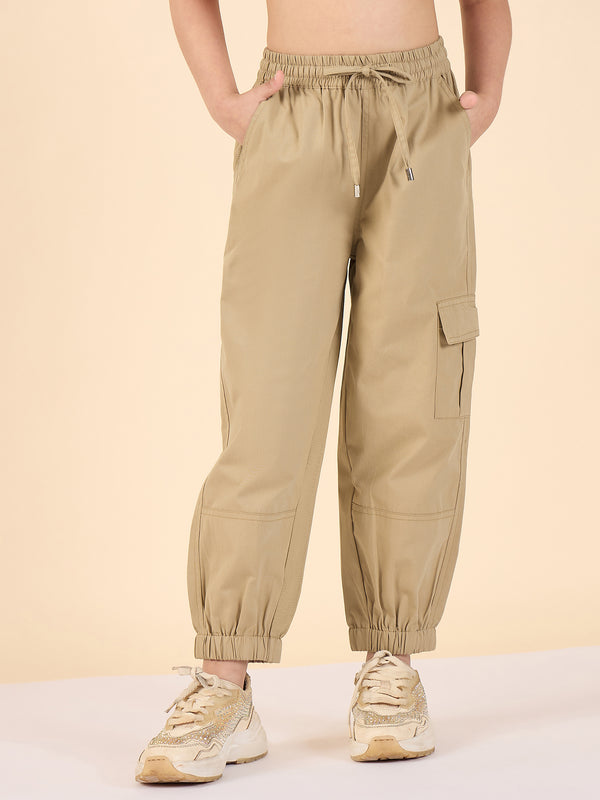 Girls Ankle Length Solid Cargo Pants - Beige