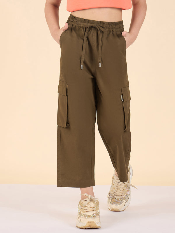Girls Ankle Length Solid Cargo Pants - Brown