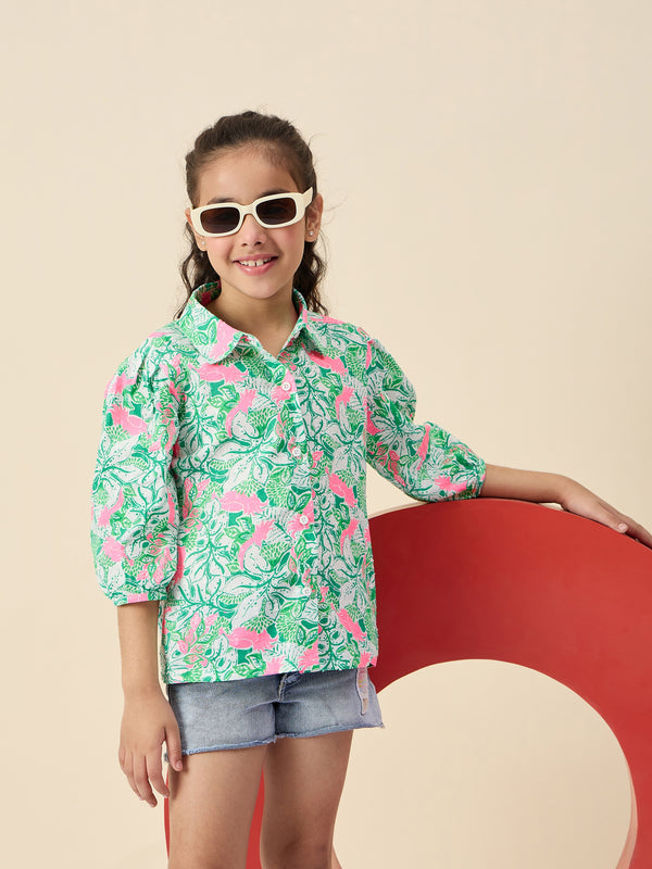 Girls Hip length All over Print Top - Green