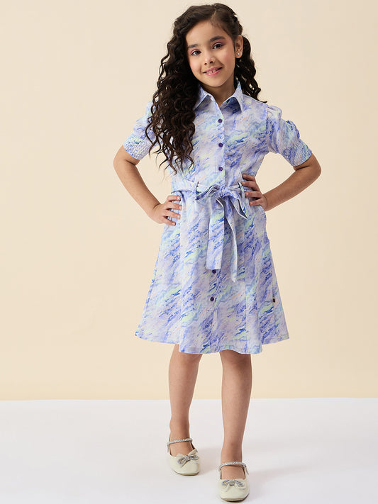Girls Knee Length All over Print Dress - Blue