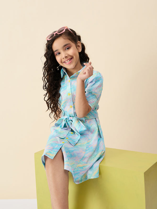 Girls Knee Length All over Print Dress - Green