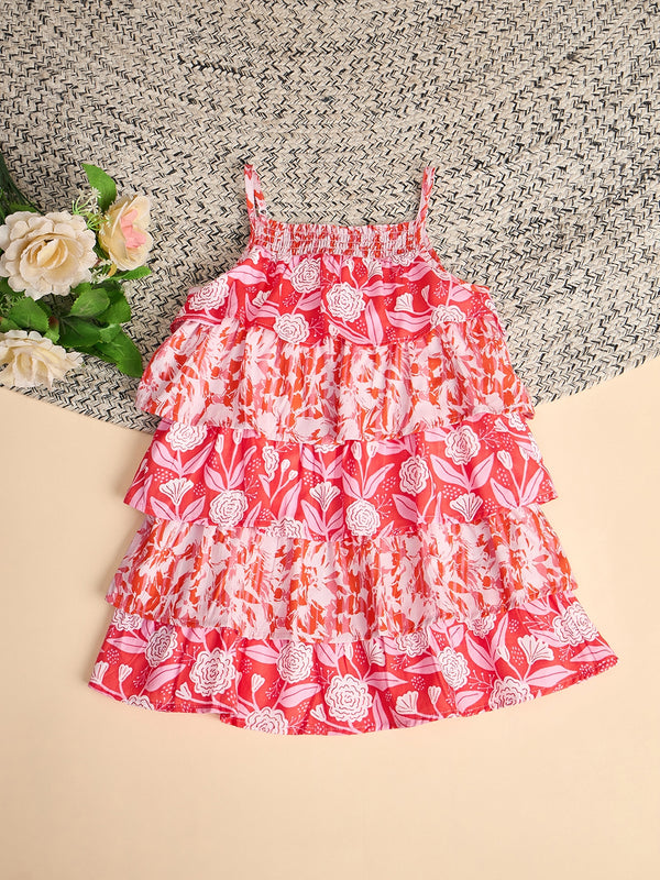 Girls Knee Length All over Print Dress - Red