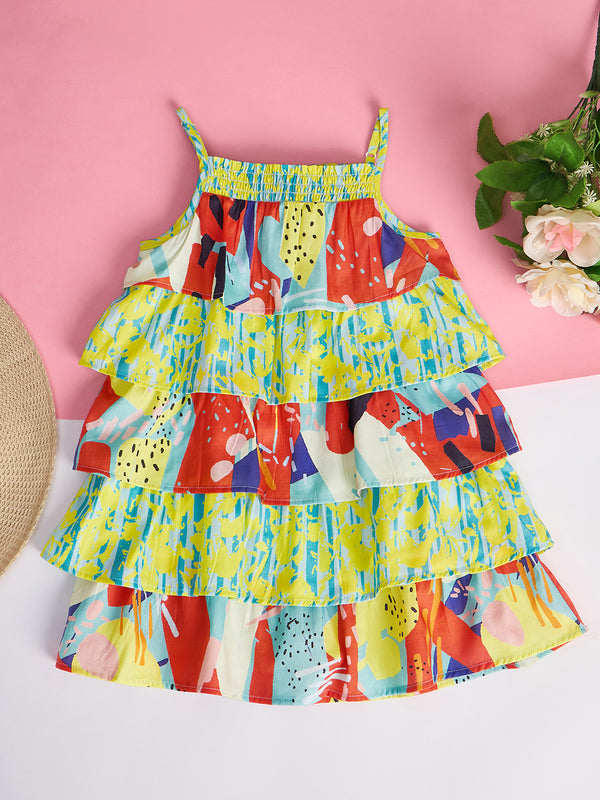 Girls Knee Length All over Print Dress - Multi