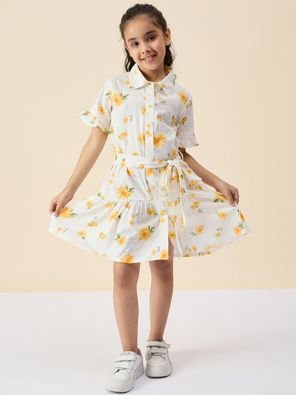 Girls Knee Length All over Print Dress - Yellow