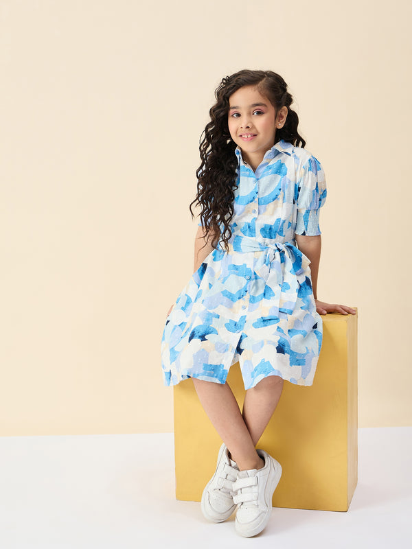 Girls Knee Length All over Print Dress - Blue