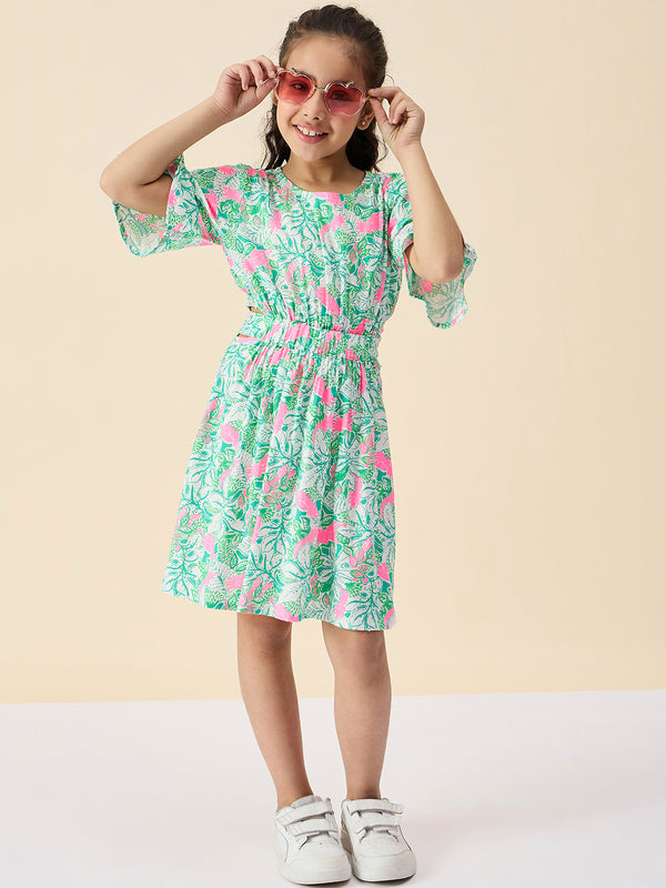 Girls Knee Length All over Print Dress - Green