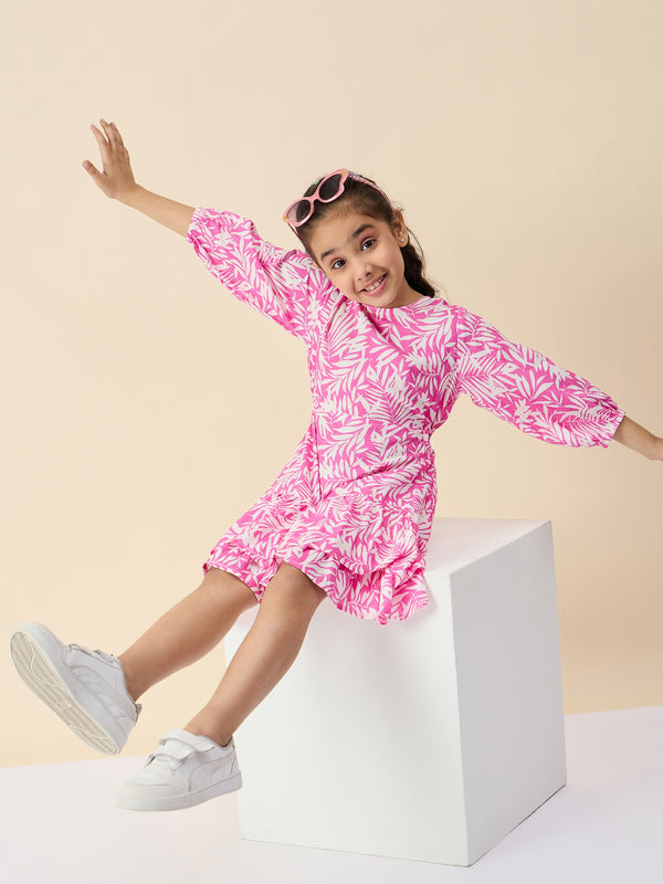 Girls Knee Length All over Print Dress - Pink