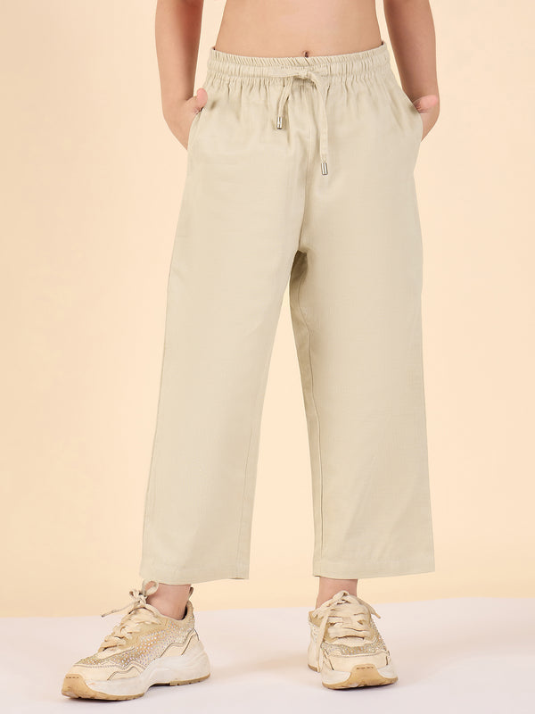 Girls Ankle Length Solid Cargo Pants - Cream