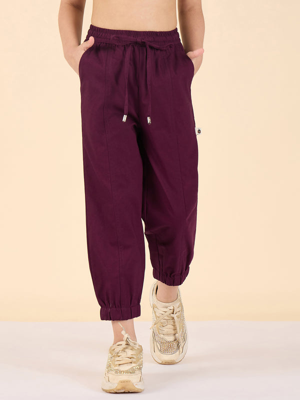 Girls Ankle Length Solid Cargo Pants - Maroon