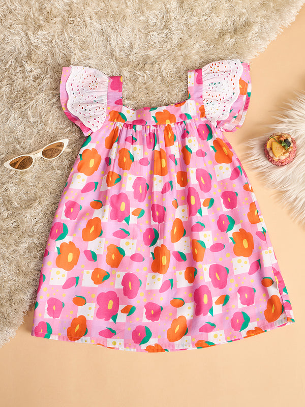 Girls Knee Length All over Print Dress - Multi