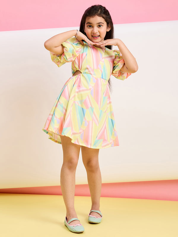 Girls Below Knee Printed Dress - Multi