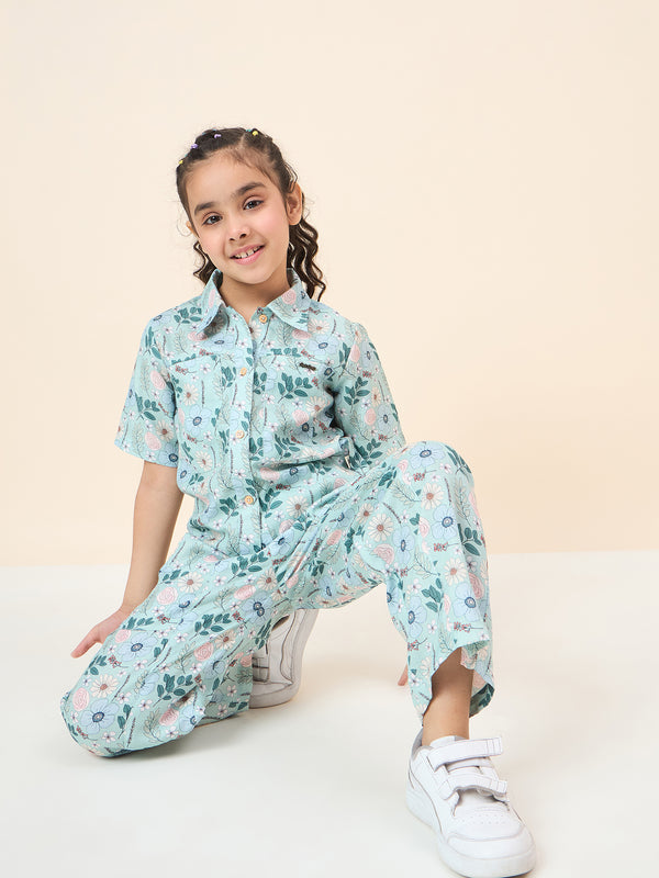 Girls Ankle Length All over Print Top With Pants - Green