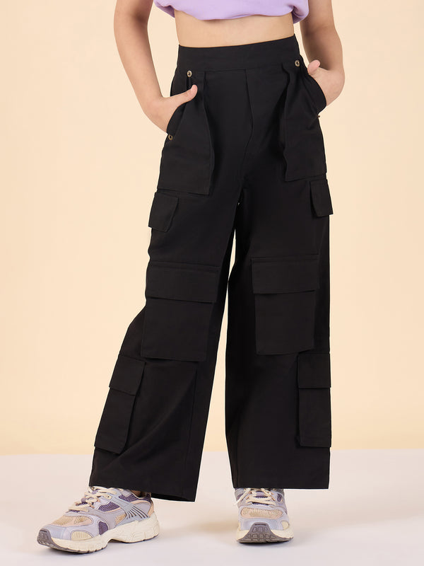 Girls Ankle Length Solid Cargo Pants - Black