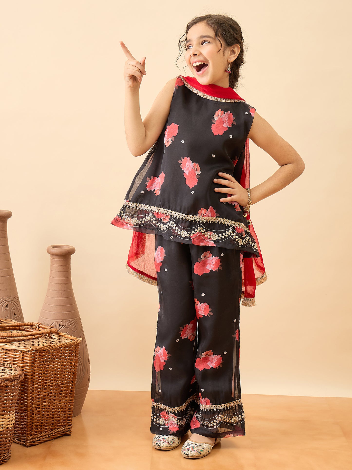 Girls Hip Length Embroidery Kurti Set - Black