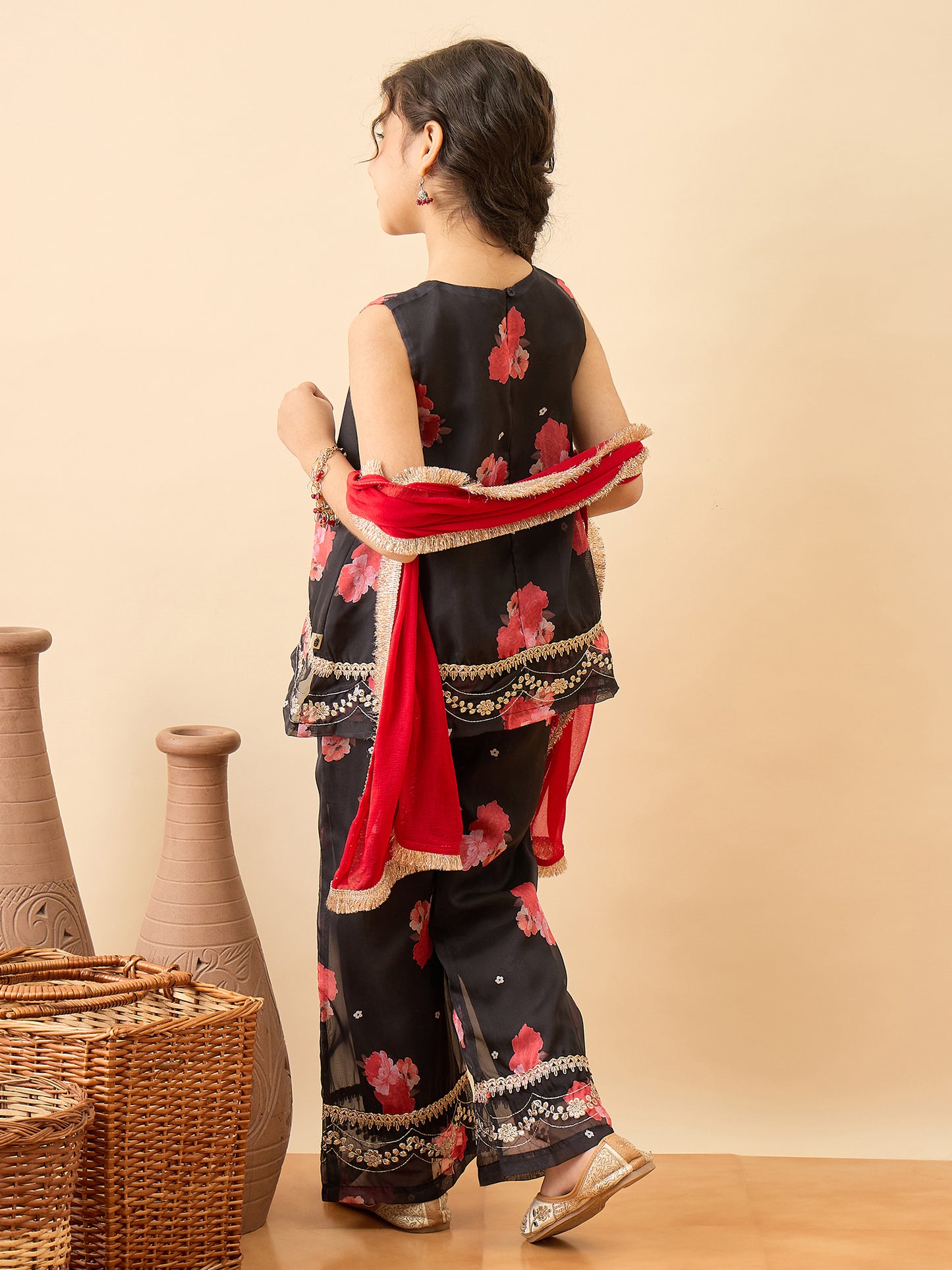 Girls Hip Length Embroidery Kurti Set - Black