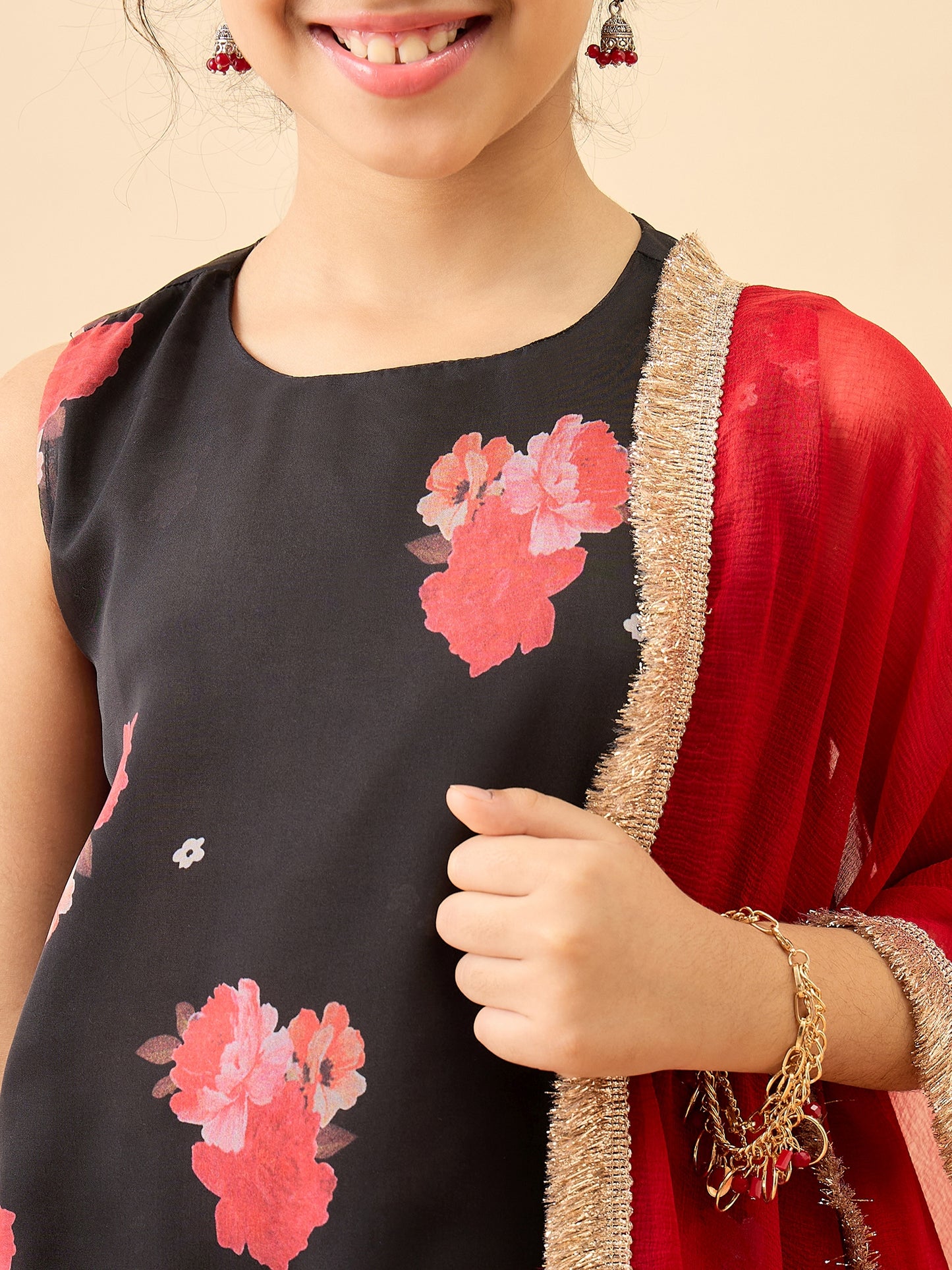 Girls Hip Length Embroidery Kurti Set - Black