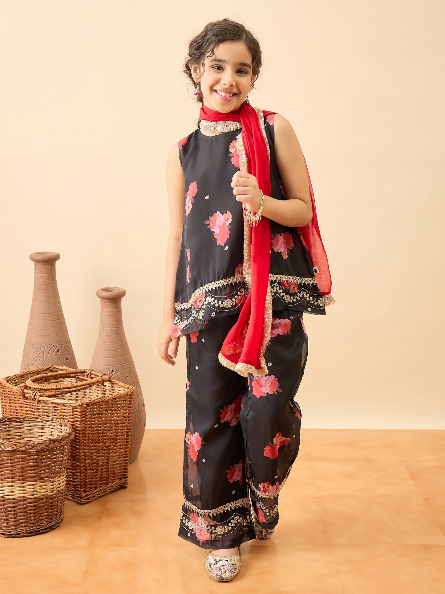 Girls Hip Length Embroidery Kurti Set - Black