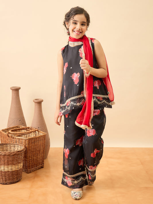 Girls Hip Length Embroidery Kurti Set - Black