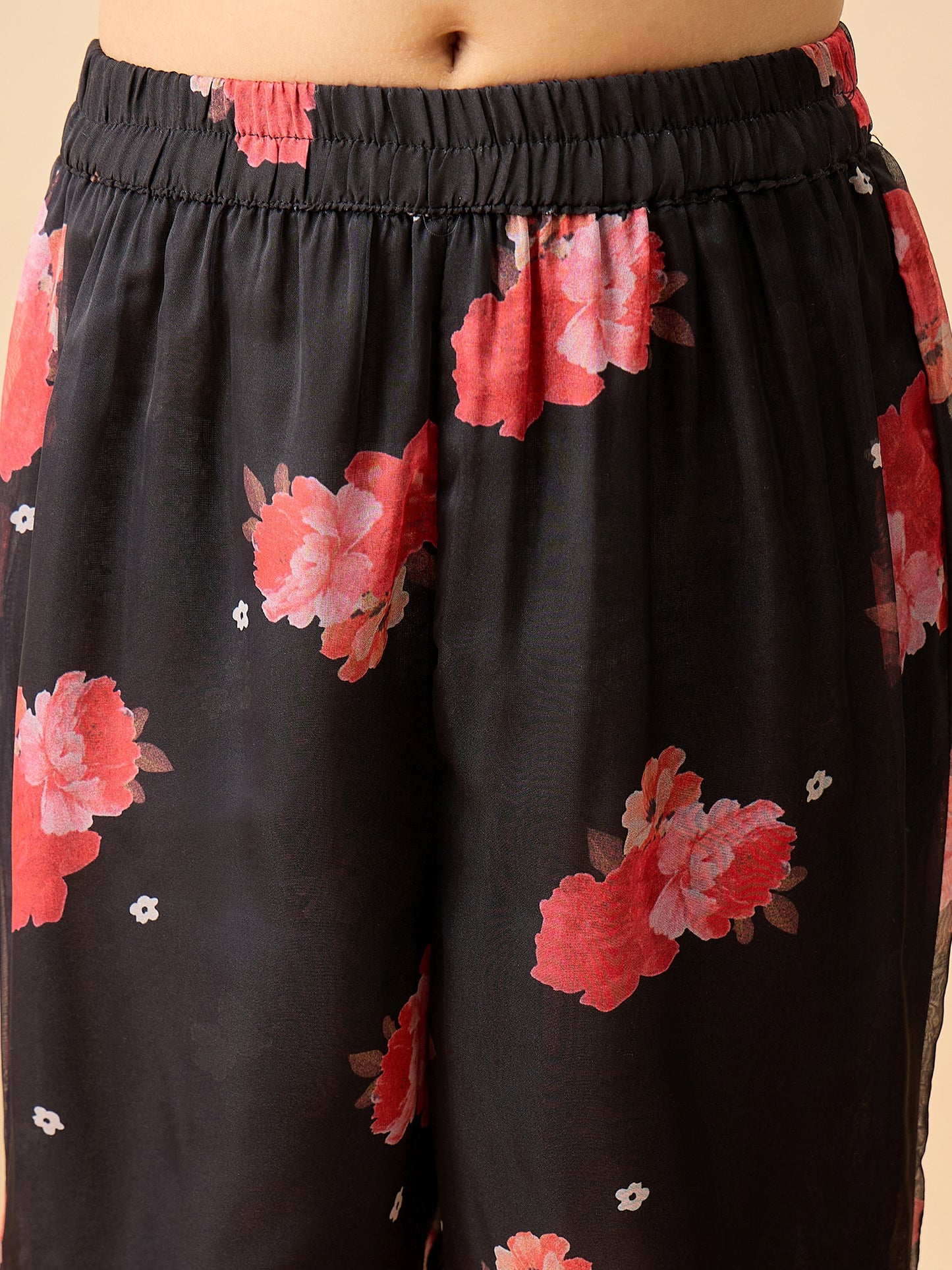 Girls Hip Length Embroidery Kurti Set - Black