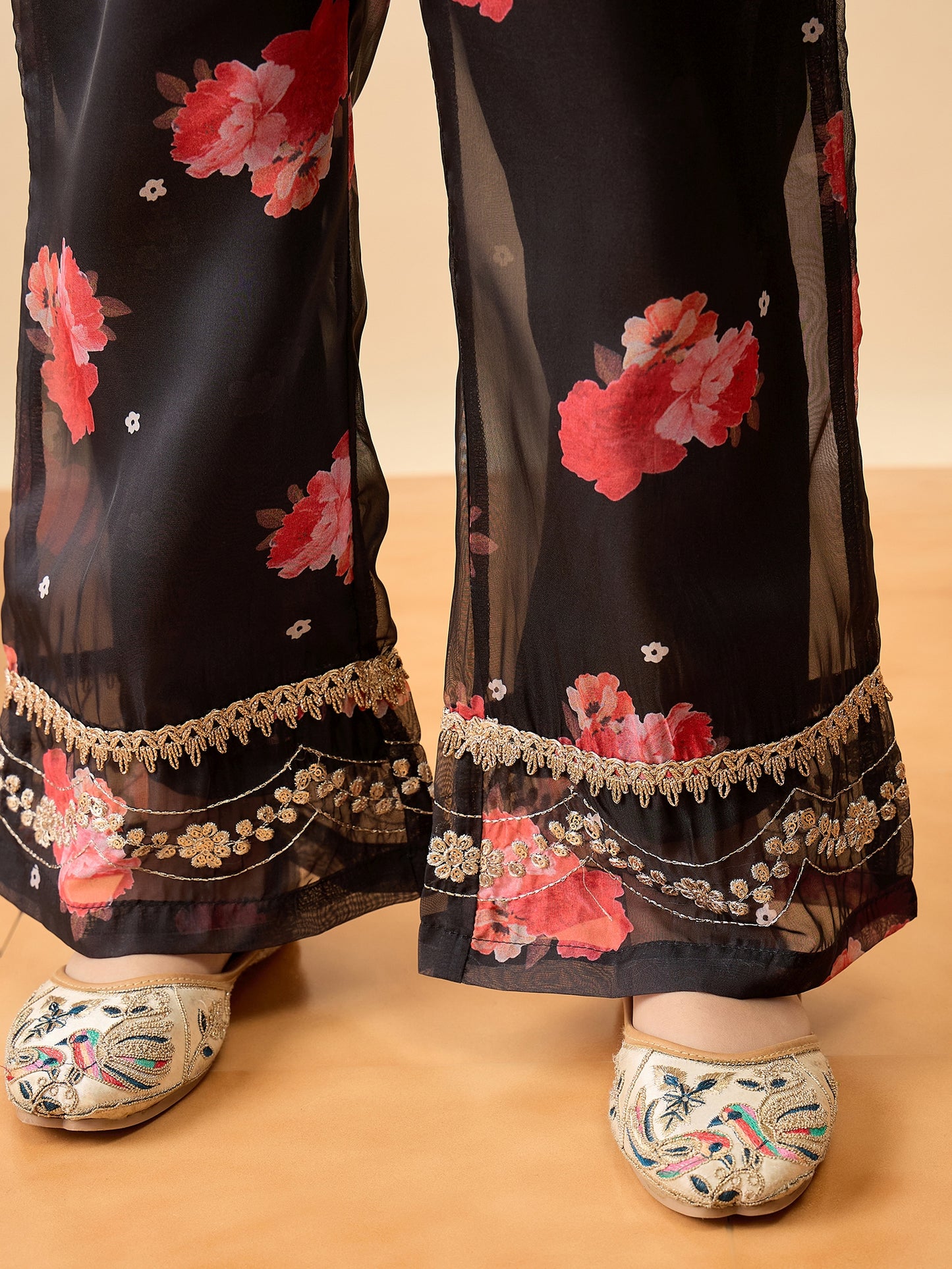 Girls Hip Length Embroidery Kurti Set - Black