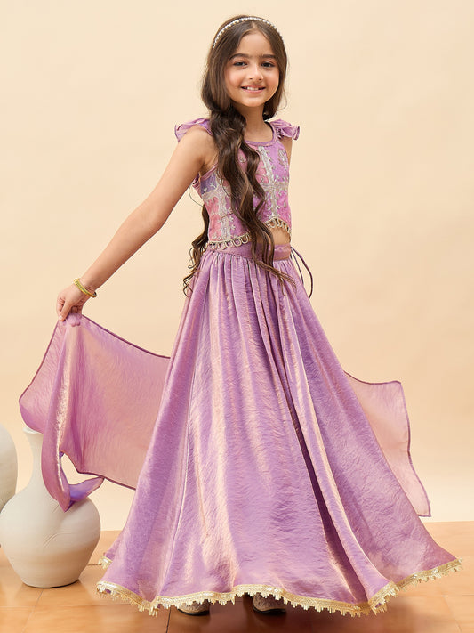 Girls Waist Length Embroidery Lehenga Choli - Purple