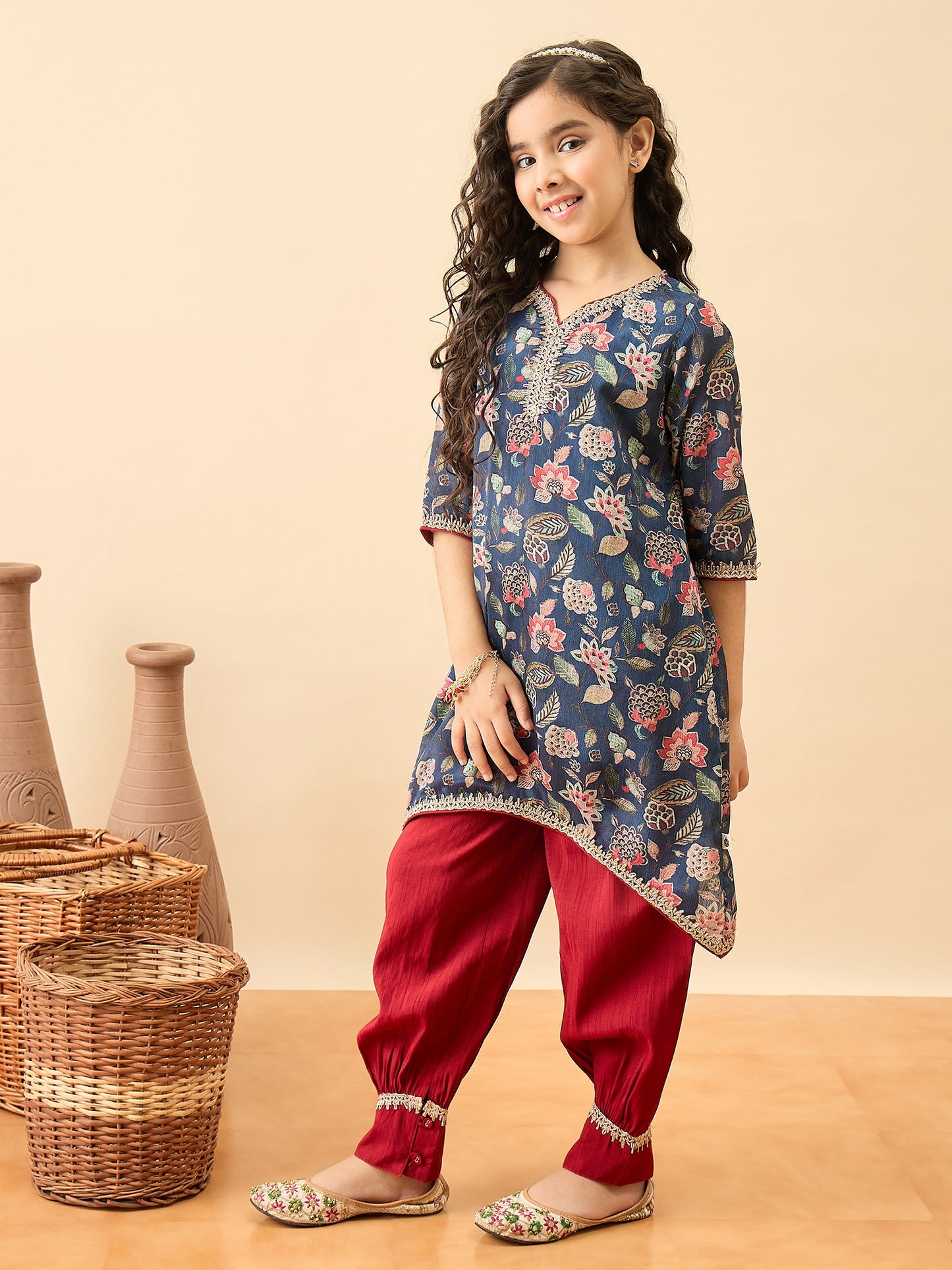Girls Above Knee Printed Kurti Set - Blue