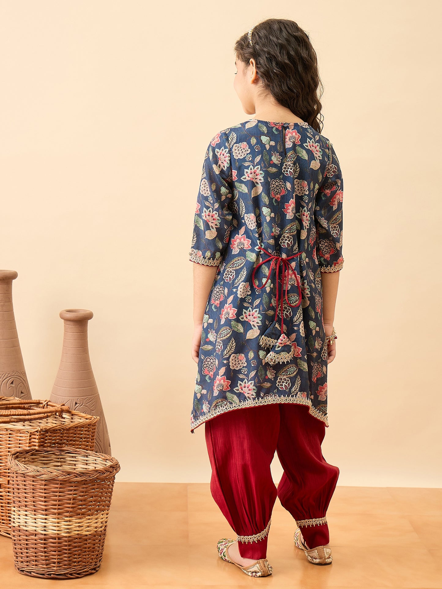 Girls Above Knee Printed Kurti Set - Blue