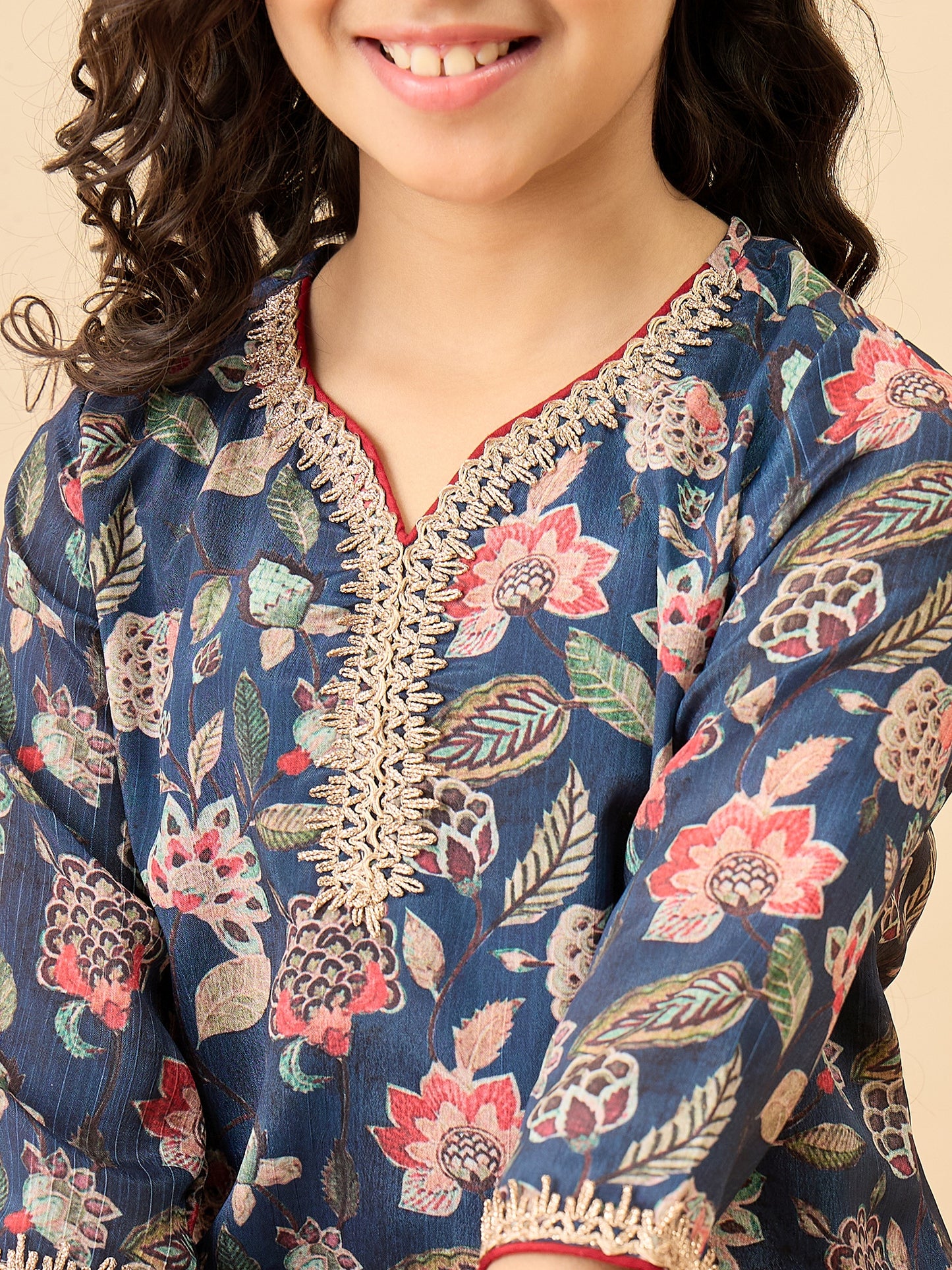 Girls Above Knee Printed Kurti Set - Blue