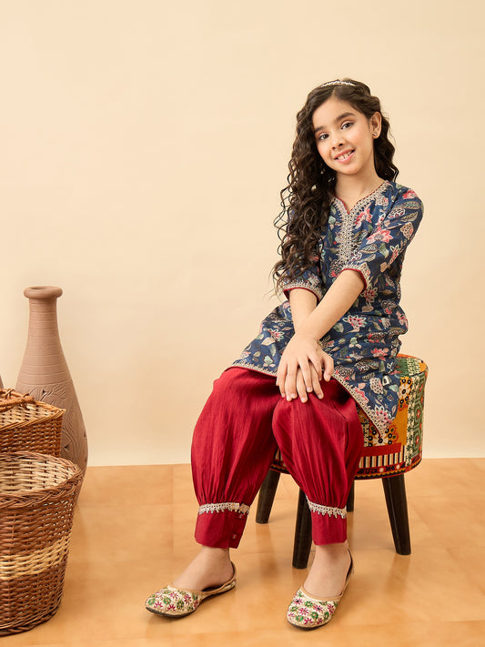 Girls Above Knee Printed Kurti Set - Blue