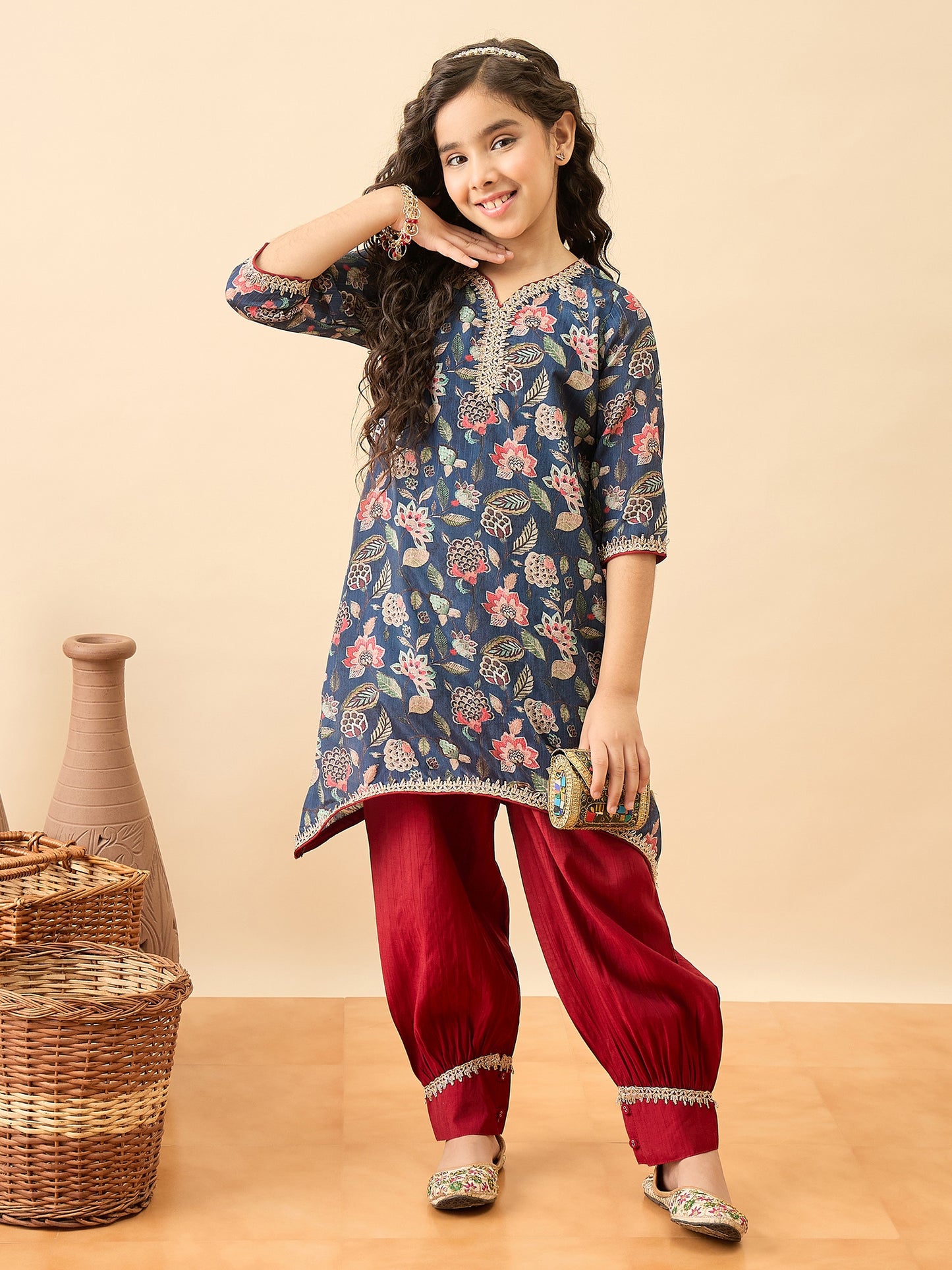 Girls Above Knee Printed Kurti Set - Blue