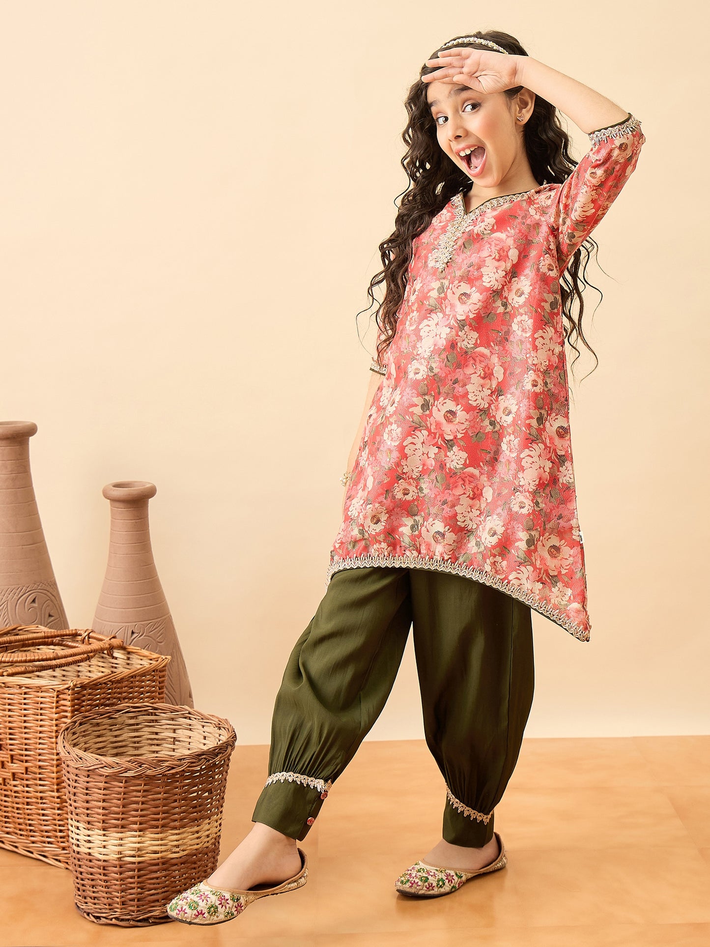 Girls Above Knee Printed Kurti Set - Red