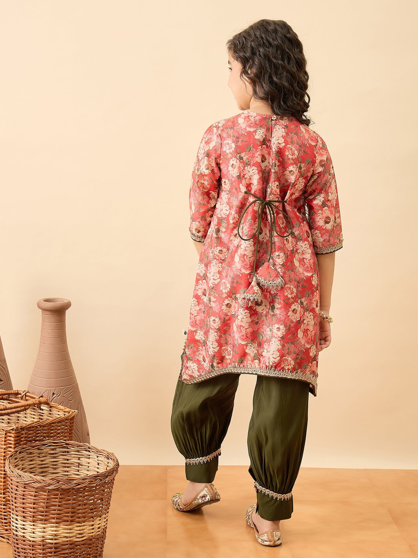 Girls Above Knee Printed Kurti Set - Red