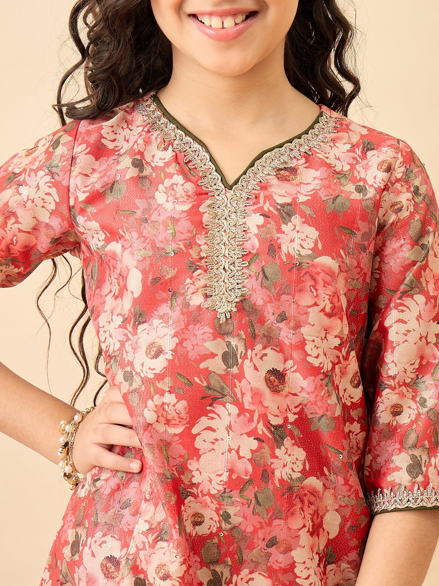 Girls Above Knee Printed Kurti Set - Red