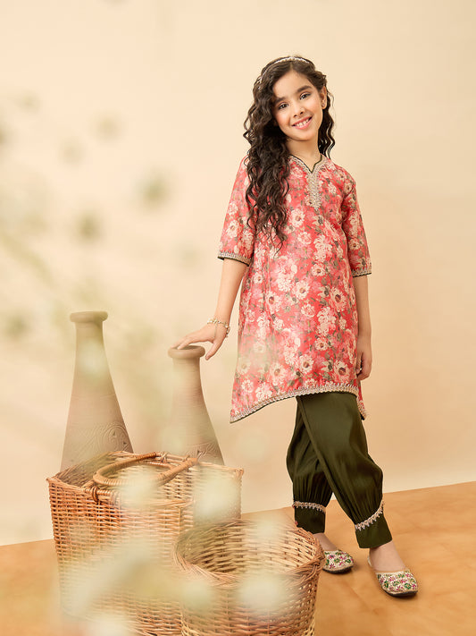 Girls Above Knee Printed Kurti Set - Red