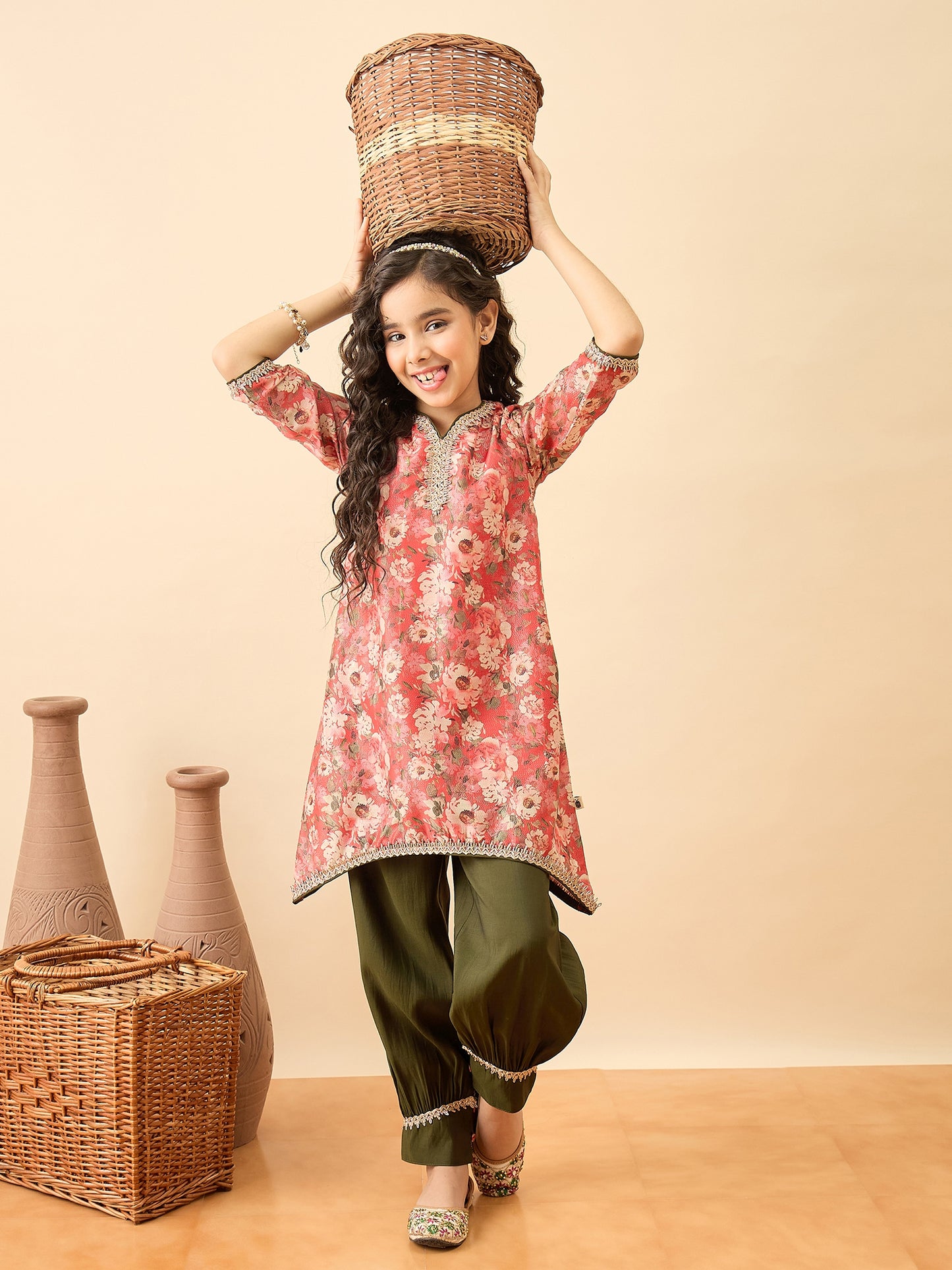 Girls Above Knee Printed Kurti Set - Red