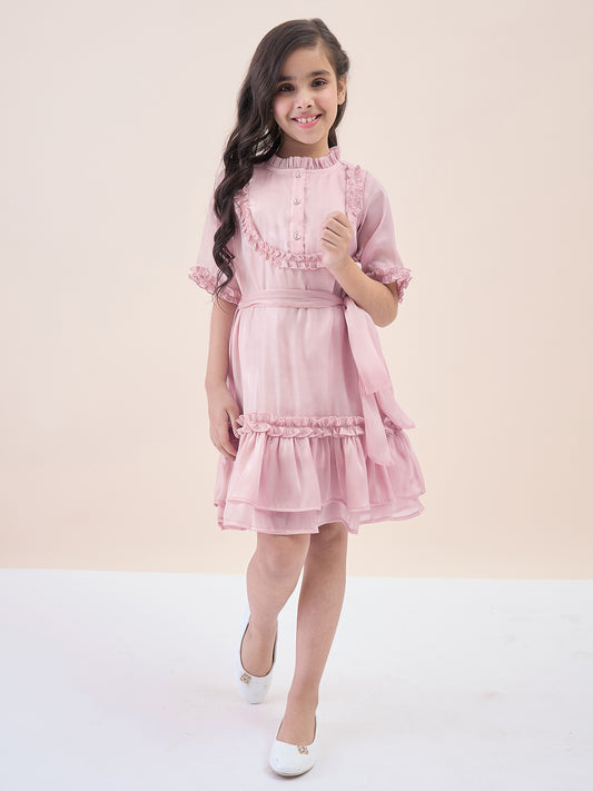 Girls Knee Length Solid Dress - Pink