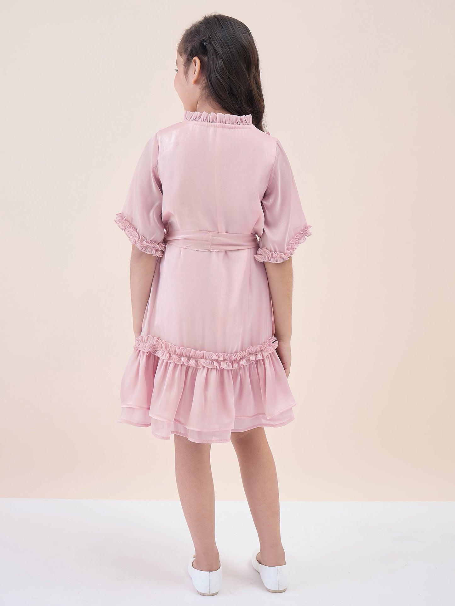 Girls Knee Length Solid Dress - Pink
