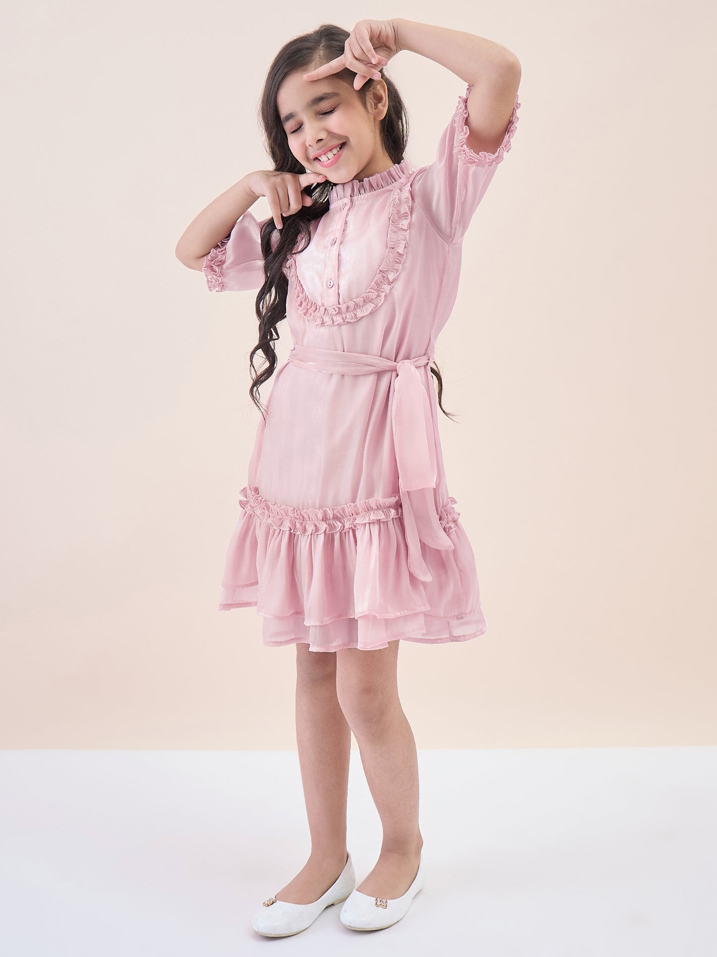 Girls Knee Length Solid Dress - Pink