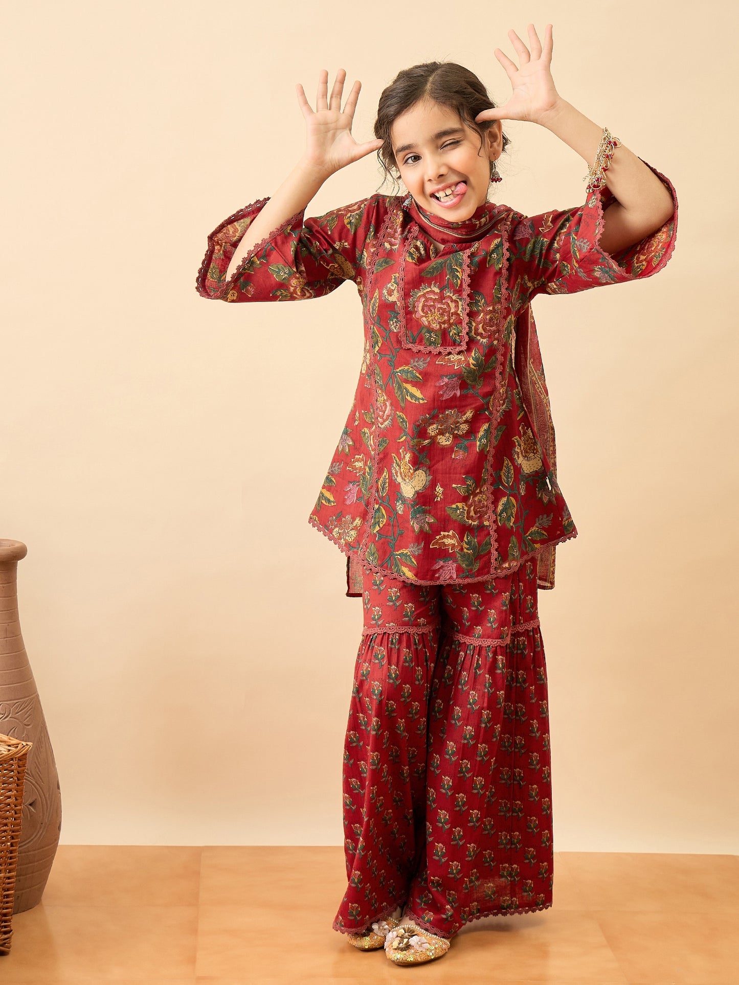 Girls Above Knee Printed Kurti Set - Maroon