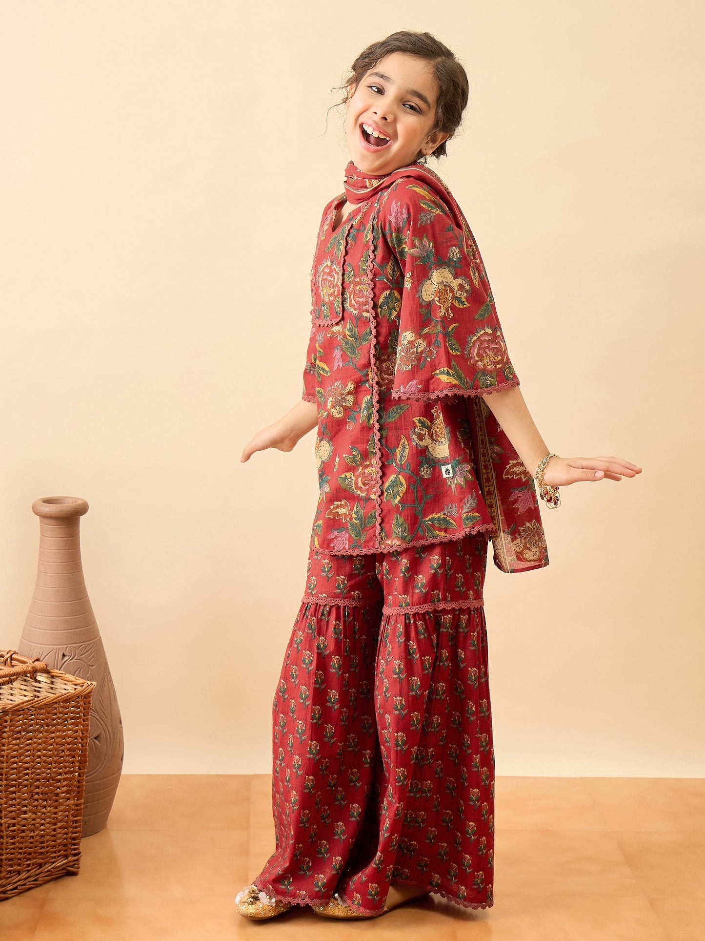 Girls Above Knee Printed Kurti Set - Maroon