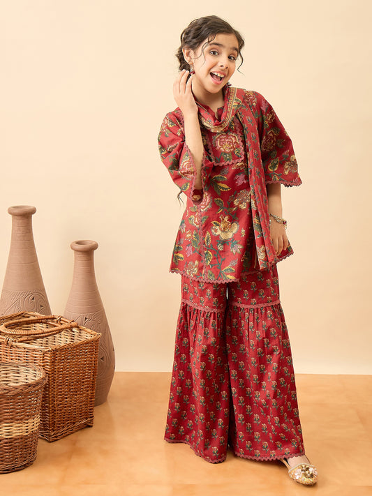 Girls Above Knee Printed Kurti Set - Maroon