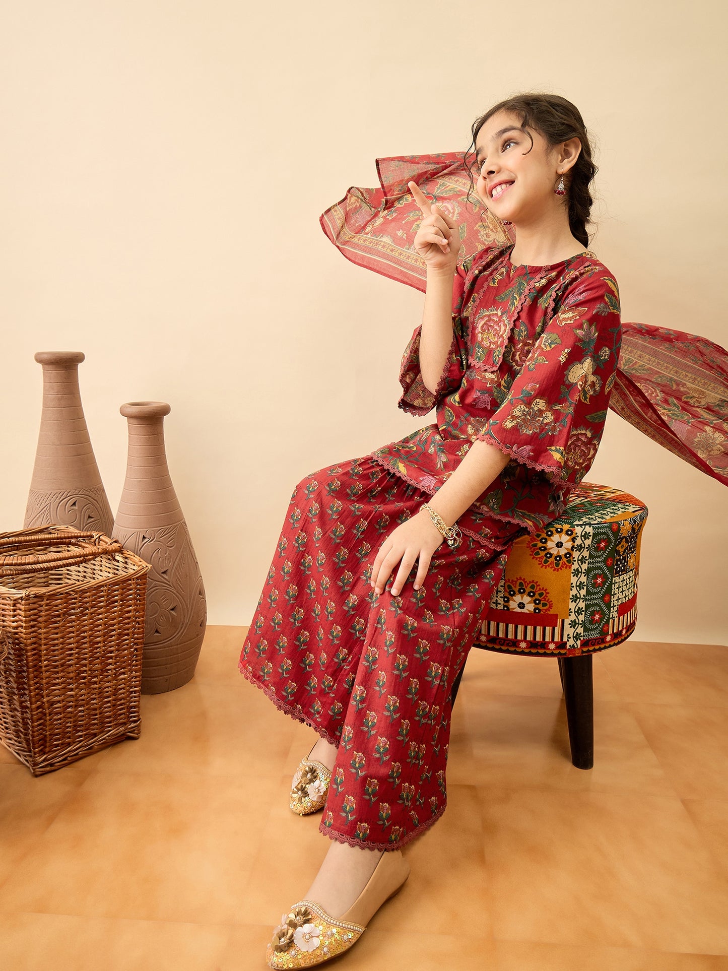 Girls Above Knee Printed Kurti Set - Maroon