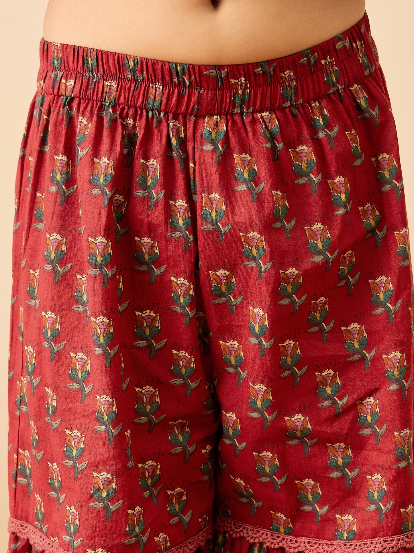 Girls Above Knee Printed Kurti Set - Maroon