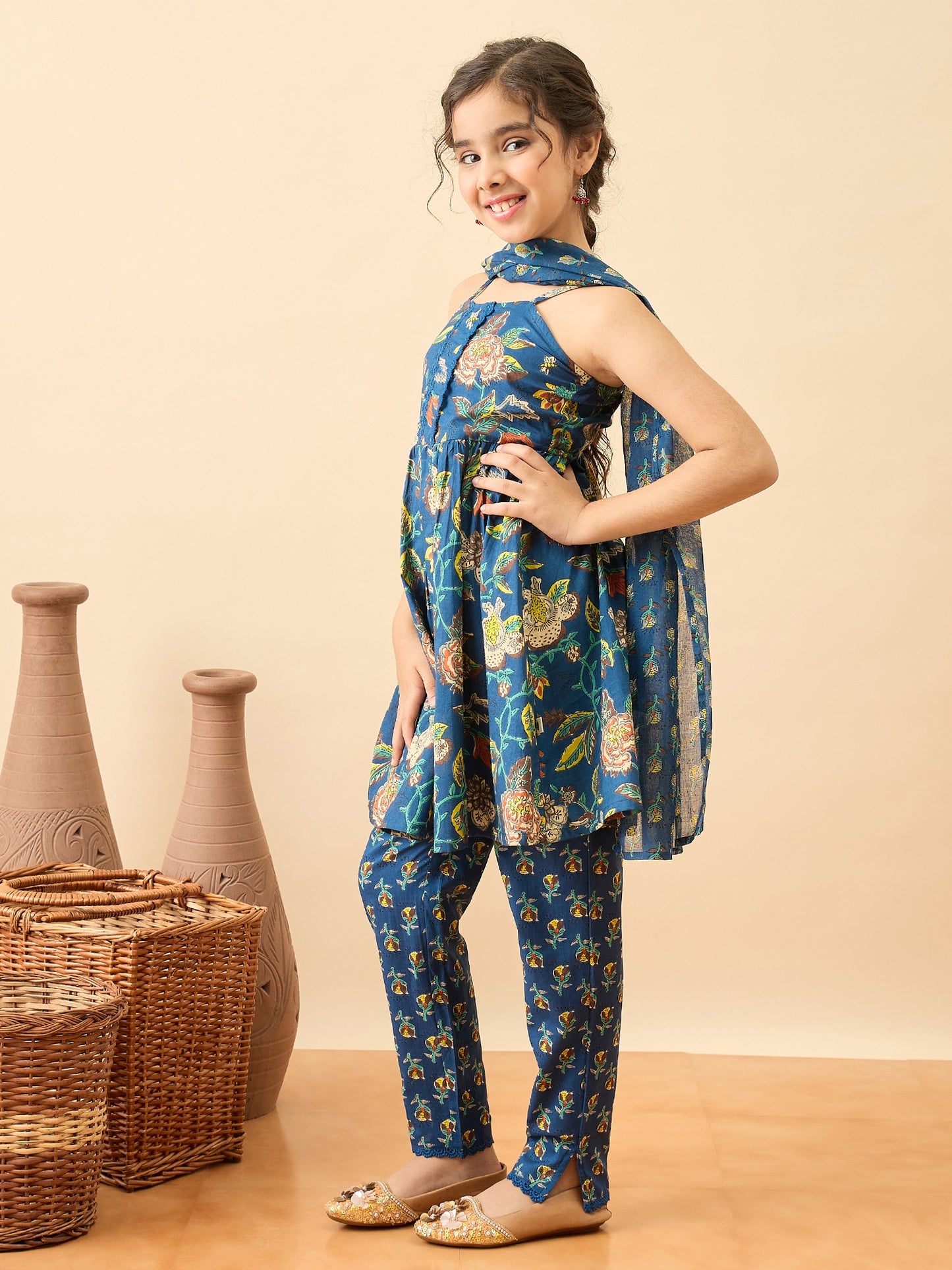 Girls Above Knee Printed Kurti Set - Blue