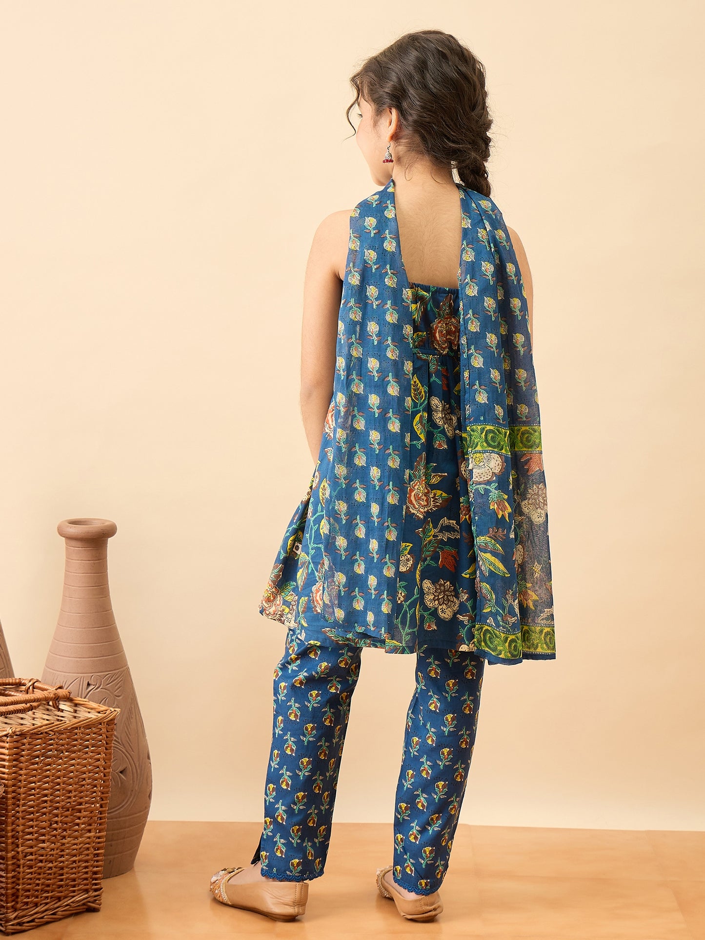 Girls Above Knee Printed Kurti Set - Blue